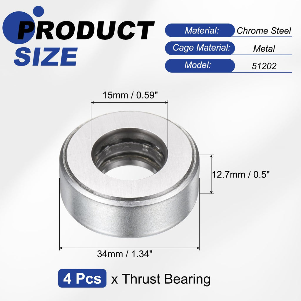 uxcell 51202 Thrust Bearing, 4pcs 0.59" Bore x 1.34" OD x 0.5" Width