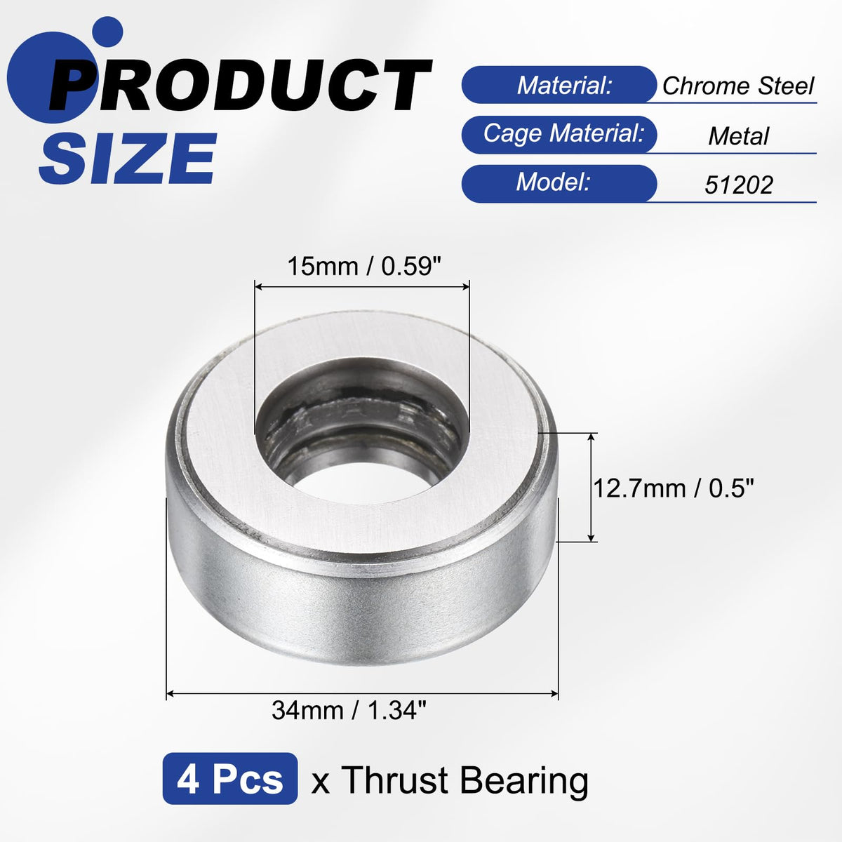 uxcell 51202 Thrust Bearing, 4pcs 0.59" Bore x 1.34" OD x 0.5" Width