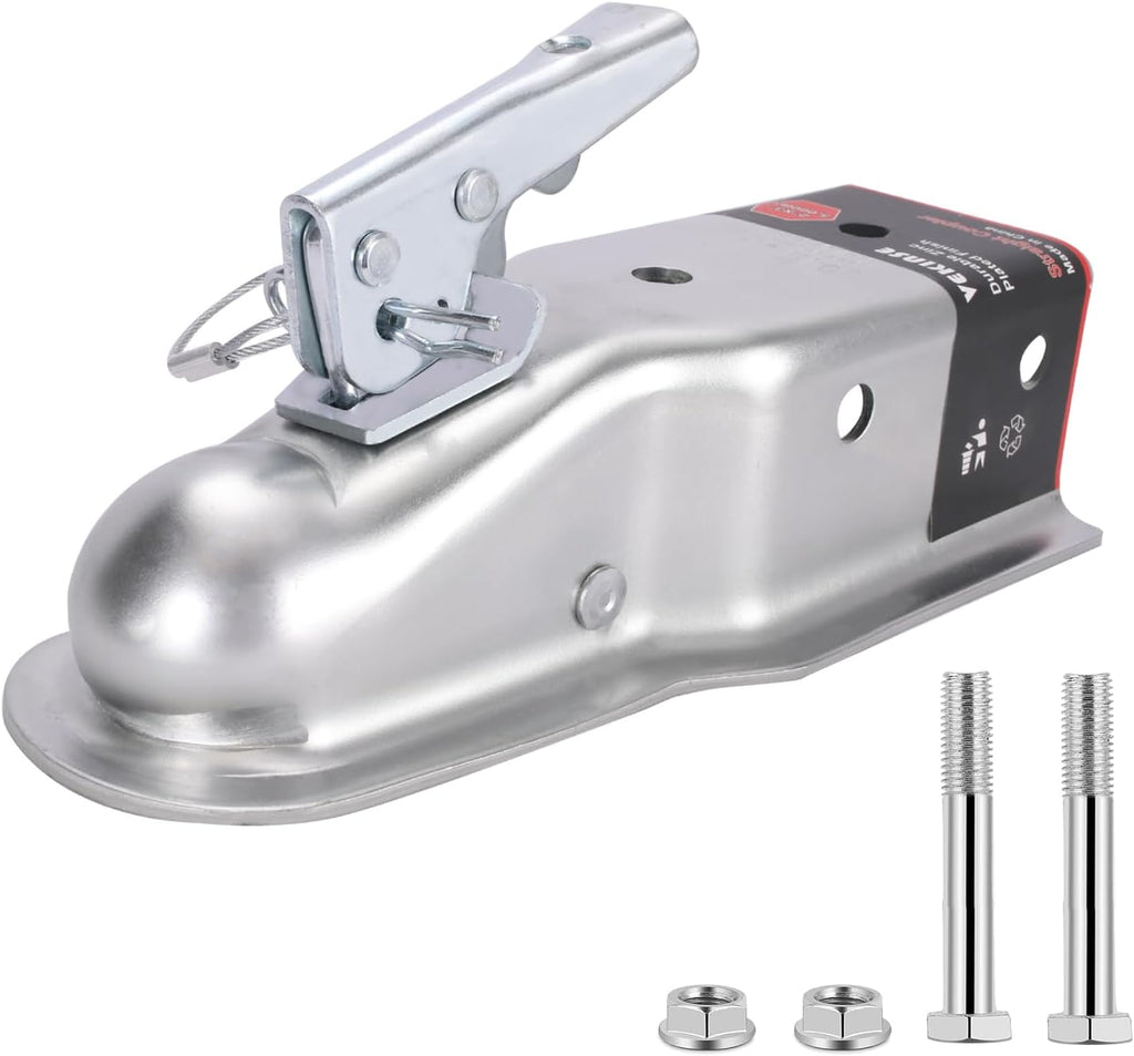 Straight Tongue (Zinc) Trailer Coupler with Hardware, Easy Remove Sticker and Instruction fit for 3" Channel, 2"