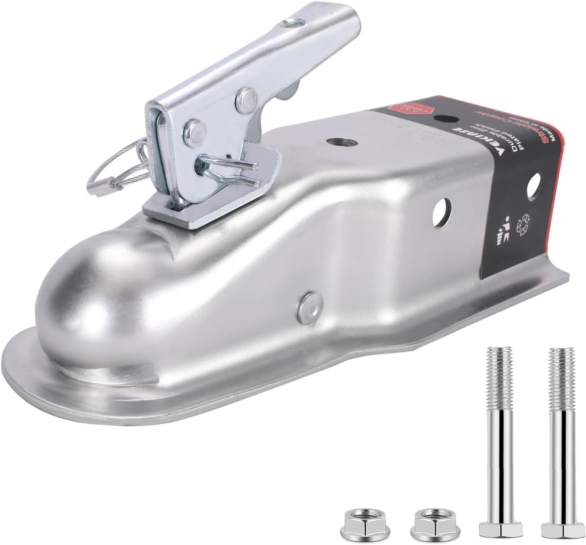 Straight Tongue (Zinc) Trailer Coupler with Hardware, Easy Remove Sticker and Instruction fit for 3" Channel, 2"