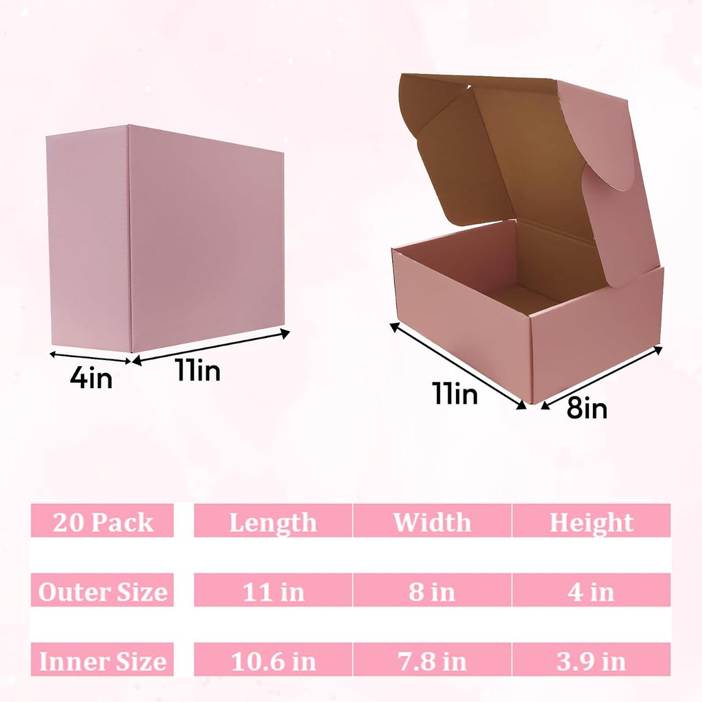 Pink Shipping Boxes 20 Pack 11x8x4 inch, Corrugated Gift Mailer Boxes