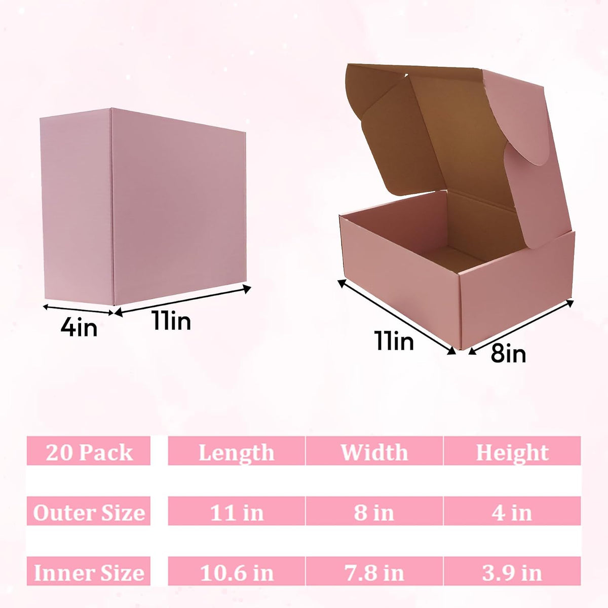 Pink Shipping Boxes 20 Pack 11x8x4 inch, Corrugated Gift Mailer Boxes