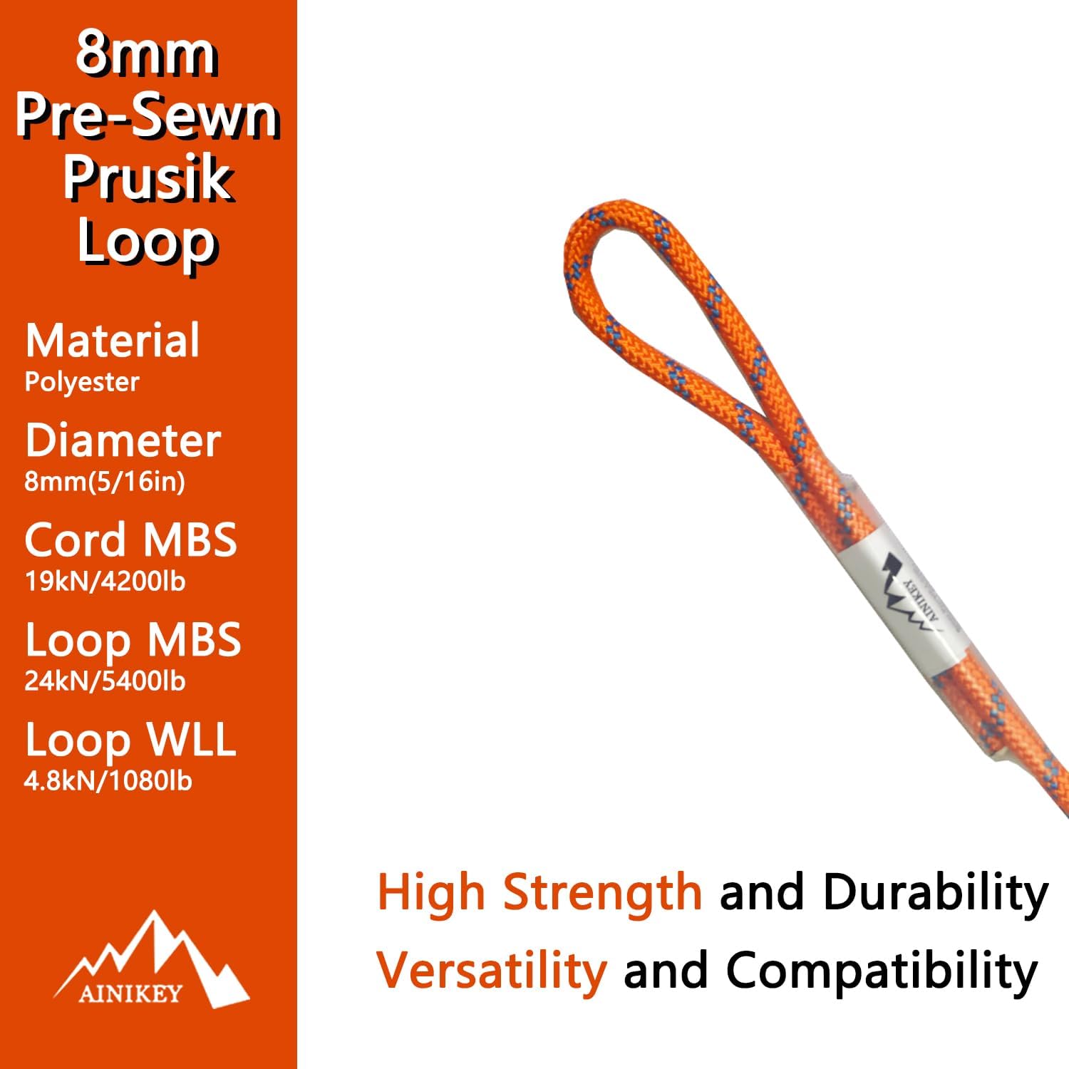 8mm (5/16") Sewn Prusik Loop 18 Inches / 24 Inches - Ideal for Arborist, Firefighting, Rigging, and Rescue Gear
