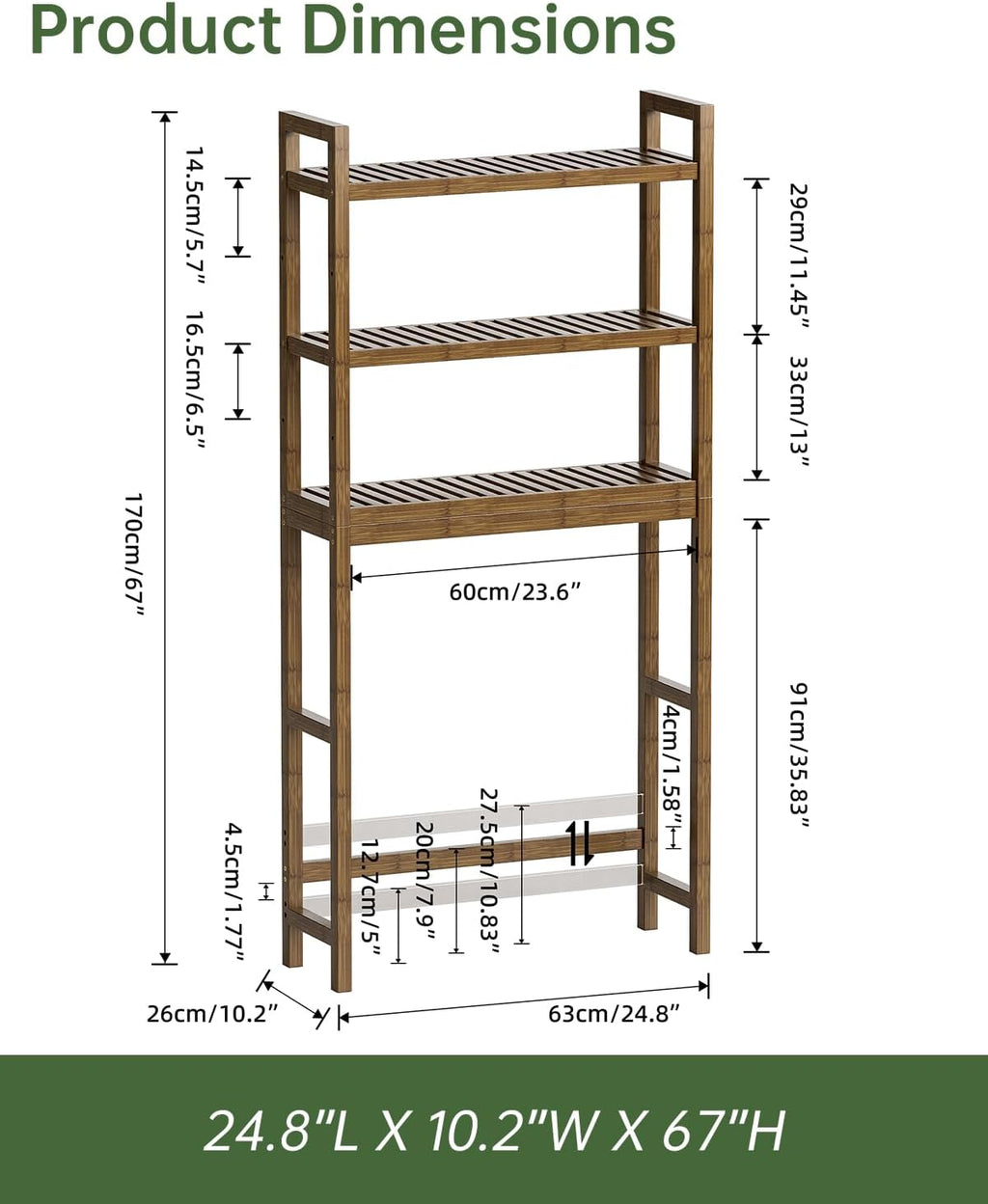 Bathroom Storage Shelf, Bamboo Over-The-Toilet Organizer Rack, Freestanding Toilet Space Saver with 3-Tier Adjustable