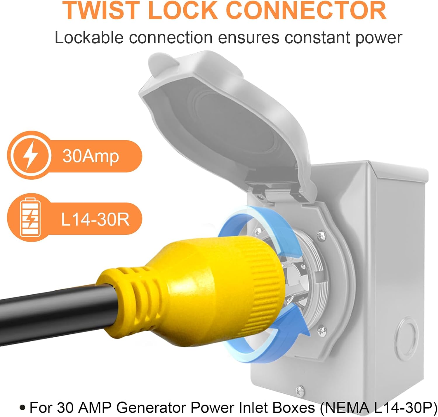 10ft NEMA TT-30P to L14-30R Generator Transfer Switch Adapter Cord | 3 Prong 30 Amp RV Generator TT-30 Male Plug to 4