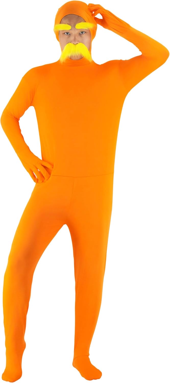 Orange Halloween Costume Adult Open Face Bodysuit | with Yellow Mustache Eyebrows Adult Open Face Bodysuit Men Women
