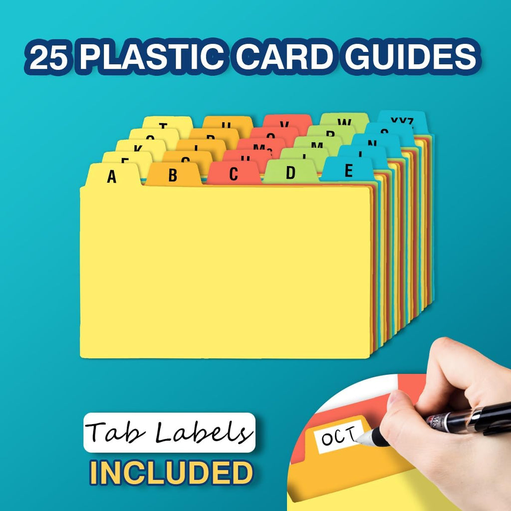 3x5 Index Card Holder with 100 Index Cards and 25 Dividers, Teal | 3x5 Inch Plastic Box, Heavyweight 3x5 Index Cards