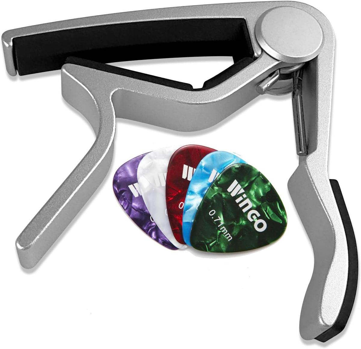 Guitar Capo for Acoustic and Electric Guitars with 5 Picks, Silver | Quick-Release, No Buzz, 6-String Steel