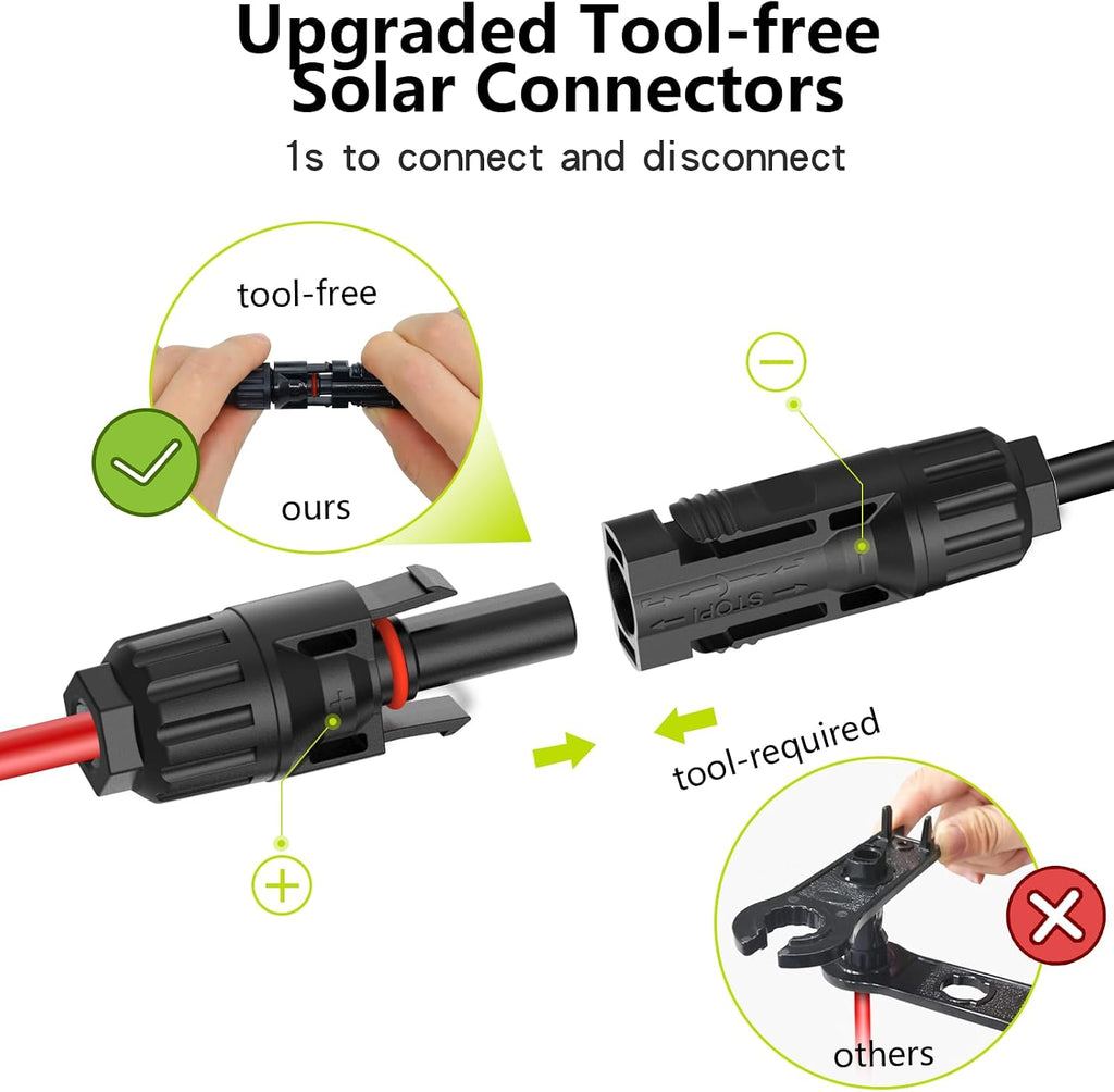 Solar Cable Extension 10Ft 10AWG, Solar Wire with Tool-Free Solar Connectors, Waterproof Solar Panel Extension Cable