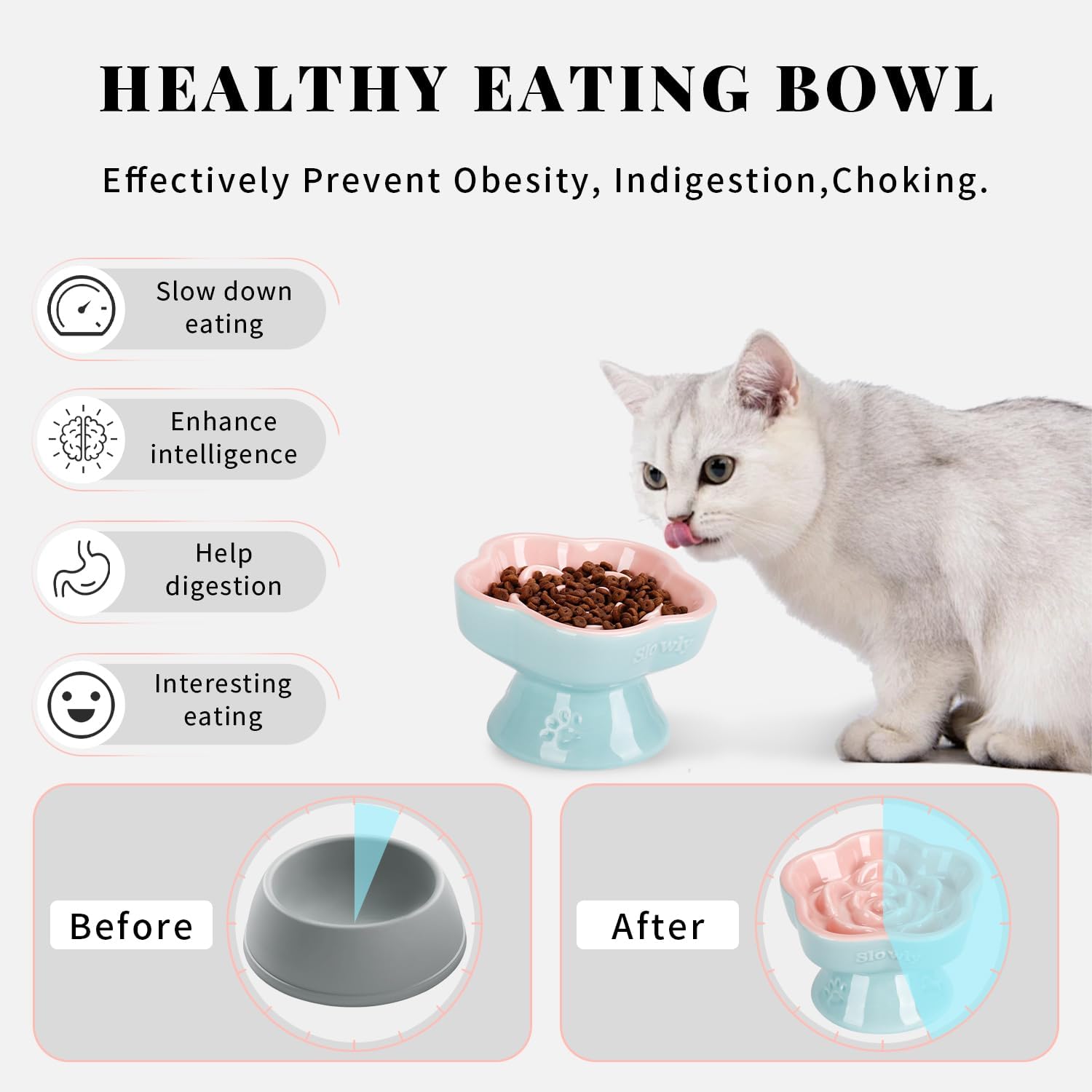 Raised Slow Feeder Cat Bowl, Ceramic Elevated and Titled Glass Food Bowl Small Dogs Slow Feeder, Flower Shaped Cute