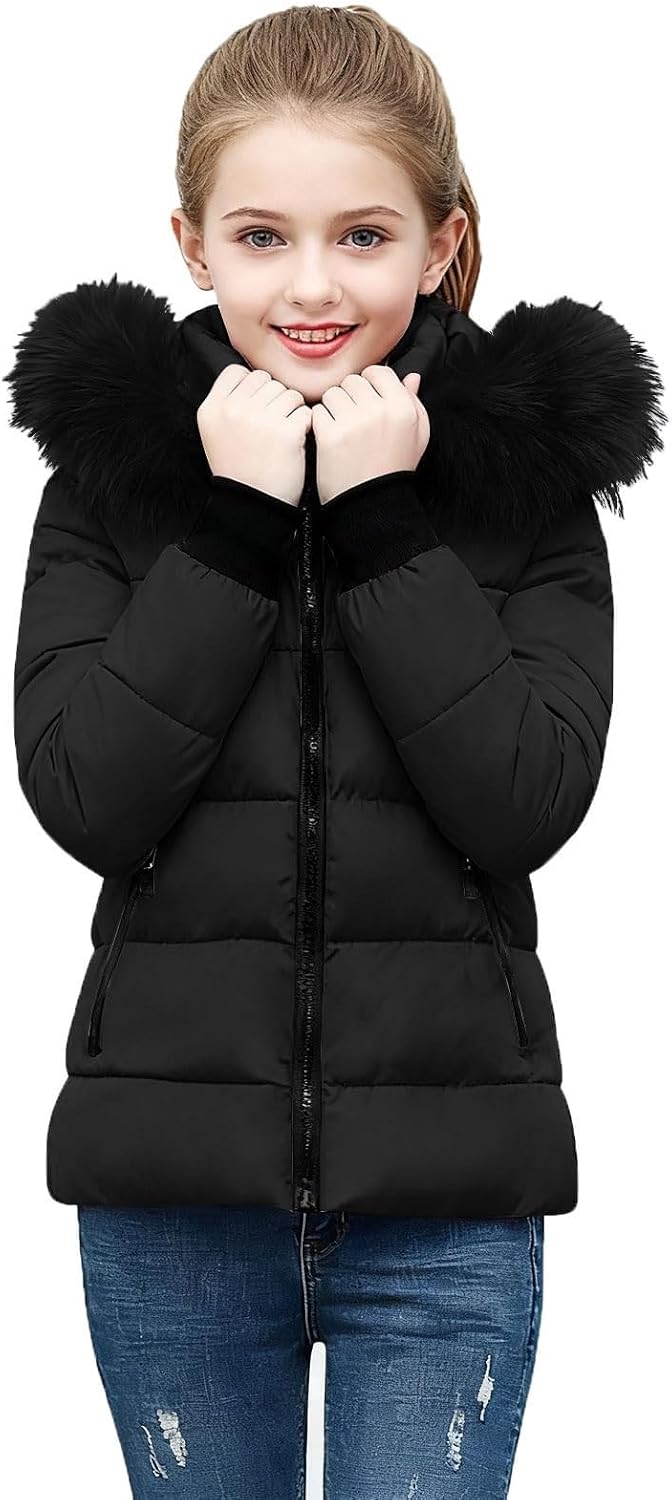 Girls Winter Coat Long Quilted Puffer Jacket Warm Fleece Parka with Removable Hood Teens Waterproof Thick Snow Outerwear