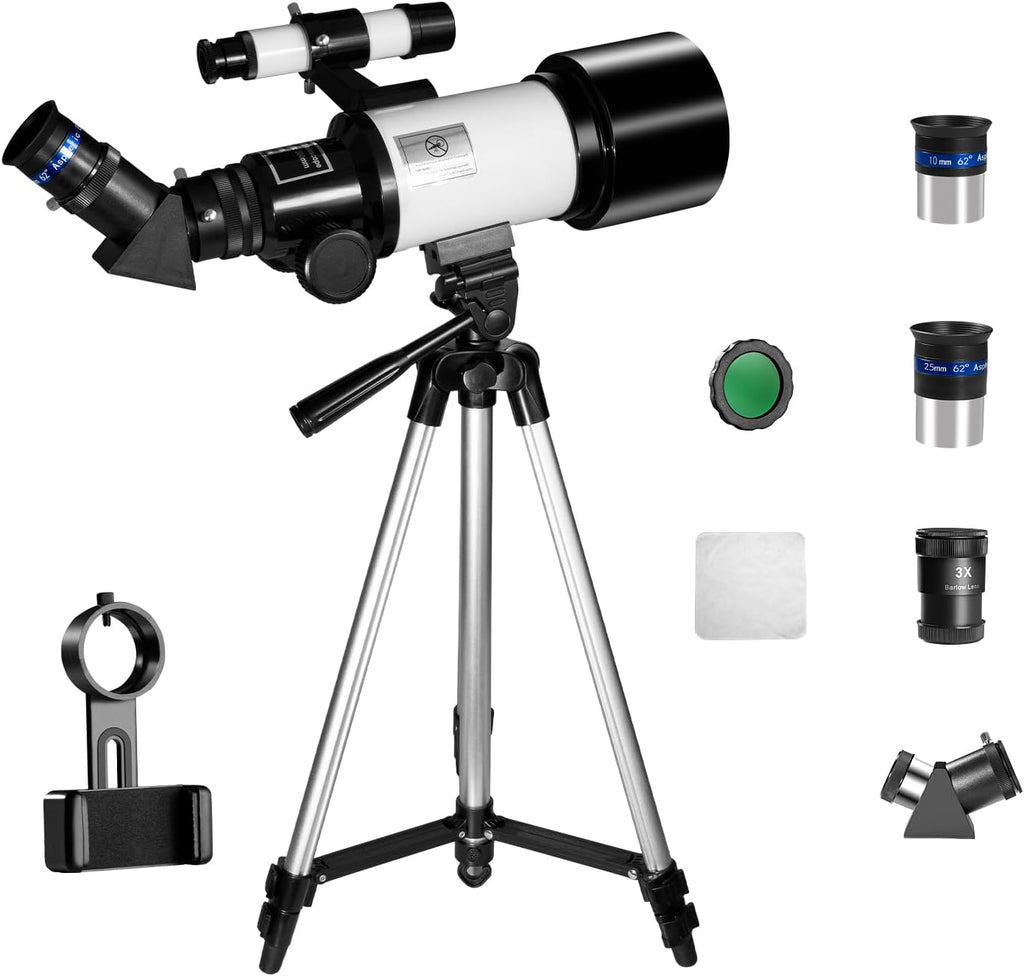 70mm 300mm Refractor Telescope, 3X Barlow, Phone Adapter | Finder Scope, Moon Filter, Adjustable Aluminum Tripod