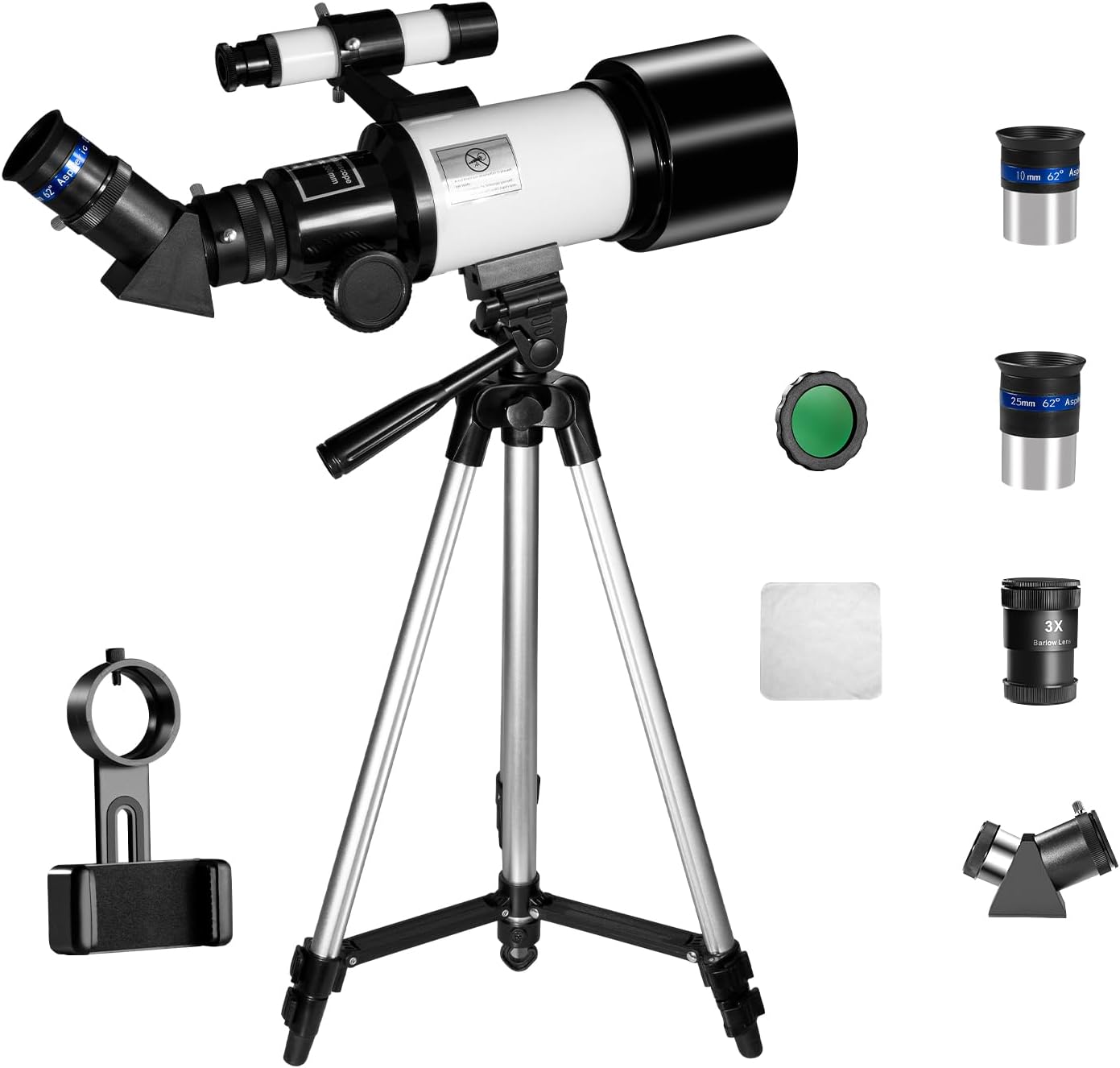 70mm 300mm Refractor Telescope, 3X Barlow, Phone Adapter | Finder Scope, Moon Filter, Adjustable Aluminum Tripod