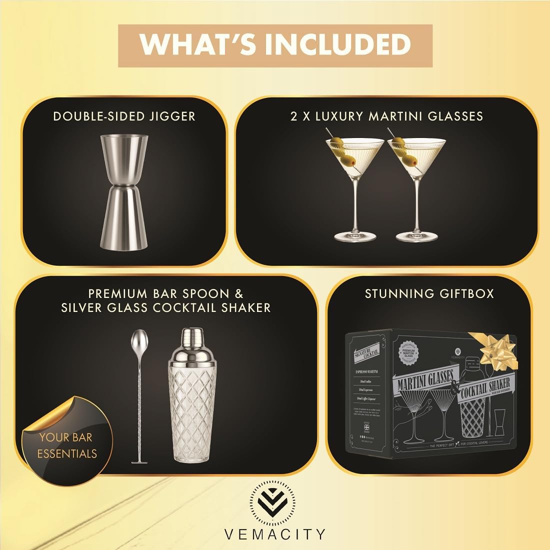 Silver Cocktail Shaker Set + 2 Ribbed Martini Glasses & Bar Tools