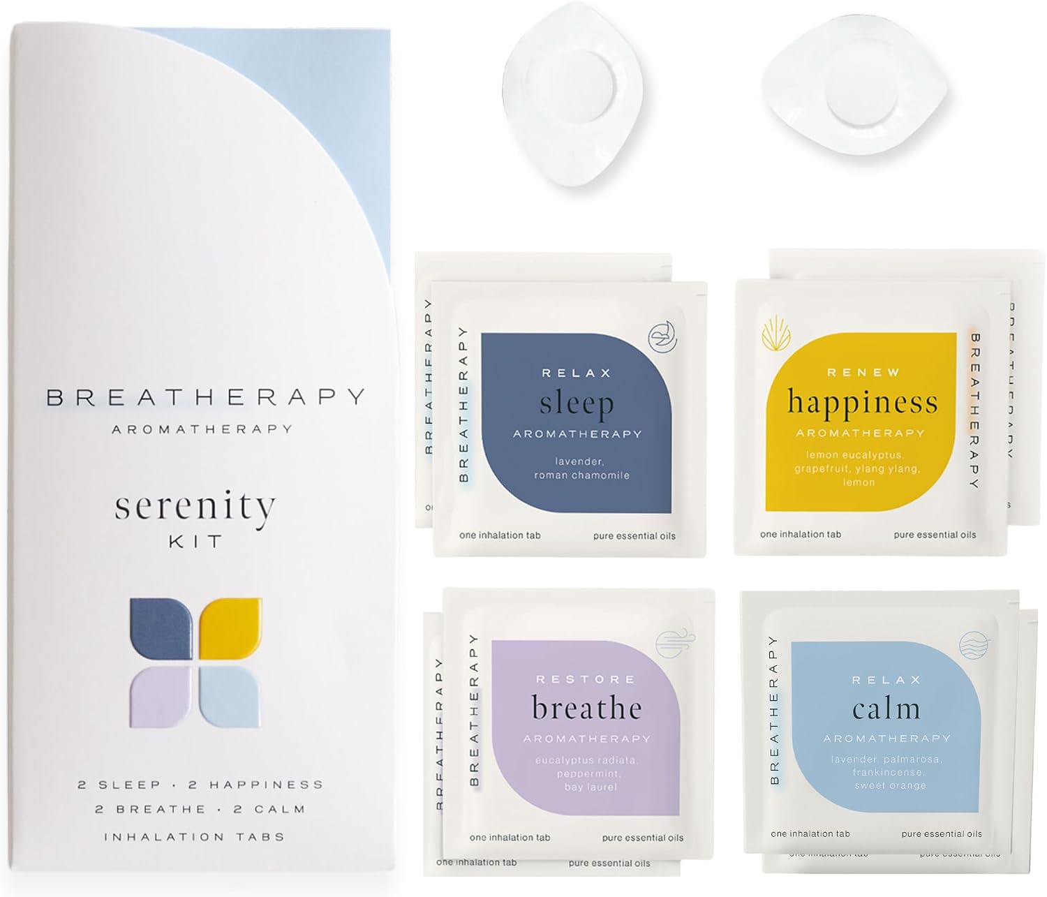 Serenity Kit | Pure Essential Oil Aromatherapy Inhalation Tabs | Calm, Happiness, Breathe and Sleep Patches | 8-Pack
