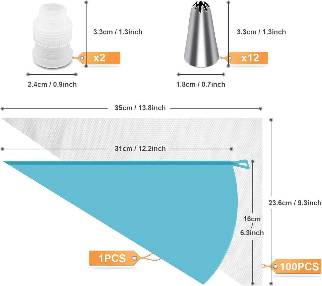 Piping Bags and Tips, Cake Piping Bags and Tips Suitable for Beginners Included 100PCS 16 Inch Disposable Piping Bags