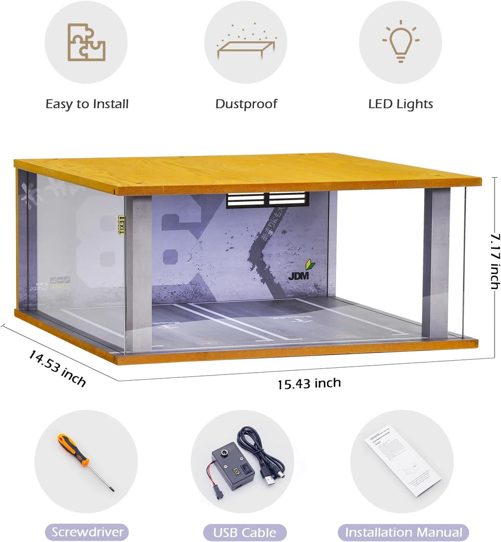 1/18 Scale Wooden Car Garage Display Case Garage Model | 2 Parking Spaces 1/18 Scale LED Light Feature Wooden Garage