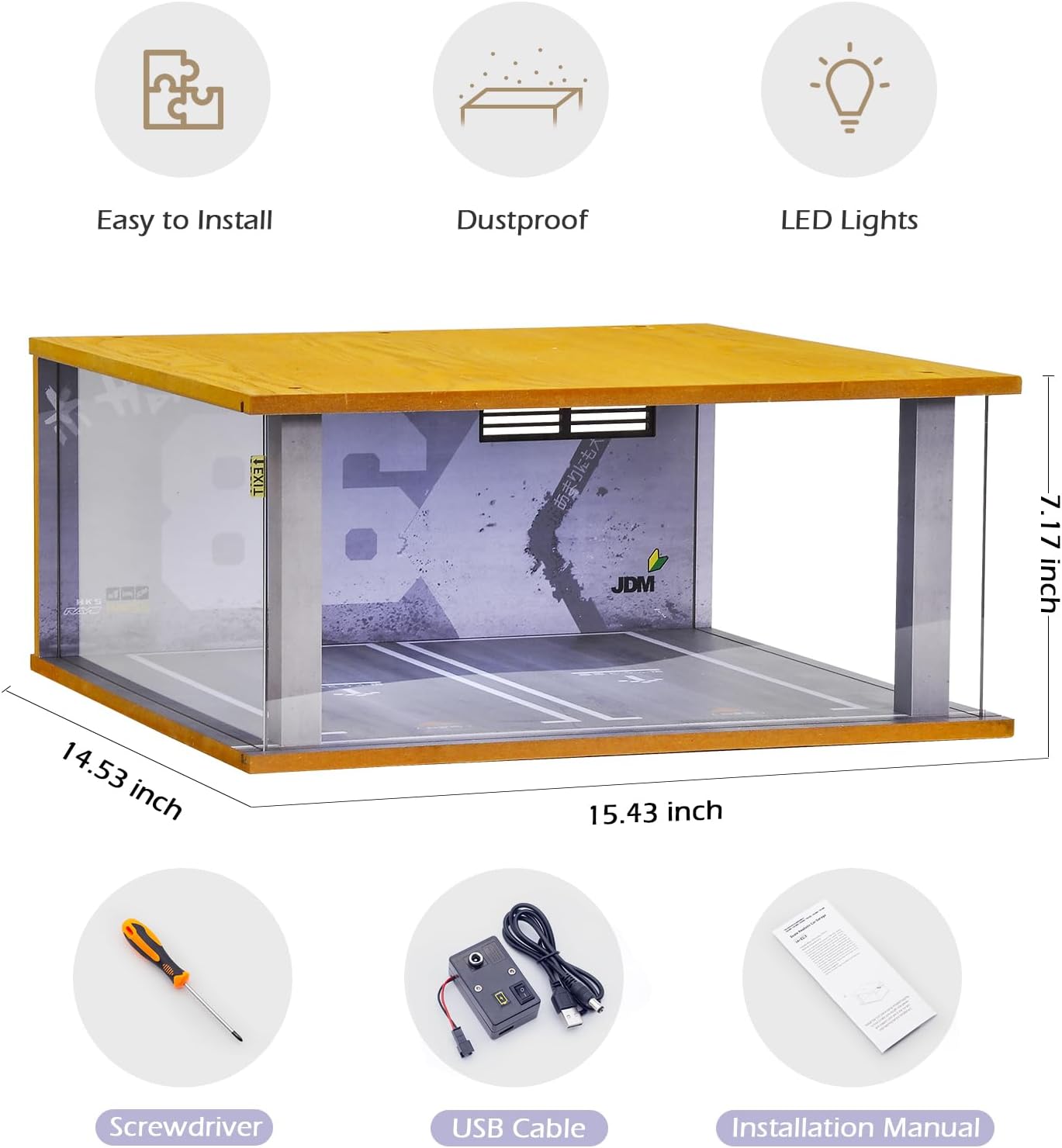 1/18 Scale Wooden Car Garage Display Case Garage Model | 2 Parking Spaces 1/18 Scale LED Light Feature Wooden Garage