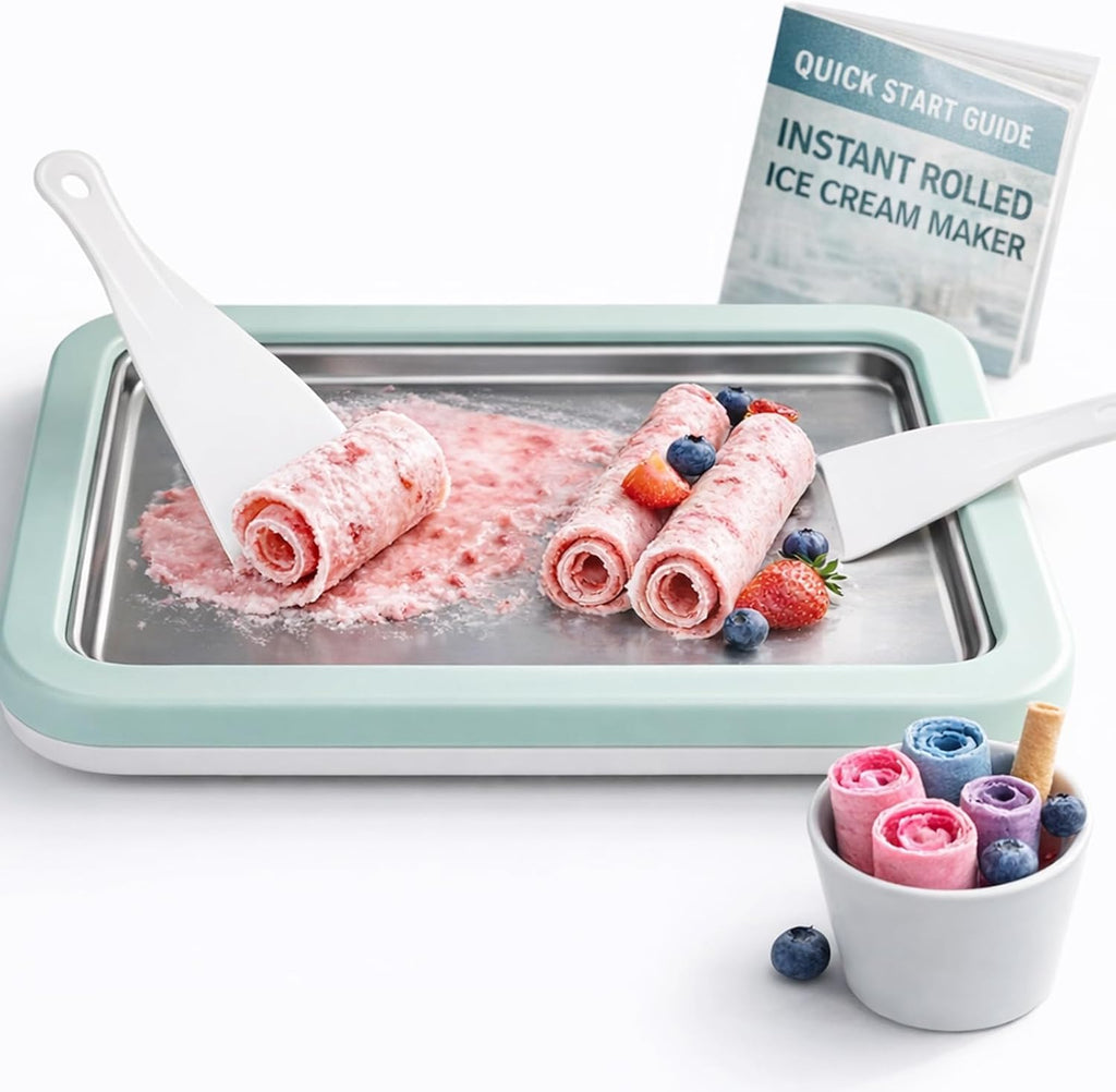 Rolled Ice Cream Maker with Quick Start Guide - DIY Instant Ice Cream Tray Kit, Includes 2 Scrapers for Manual
