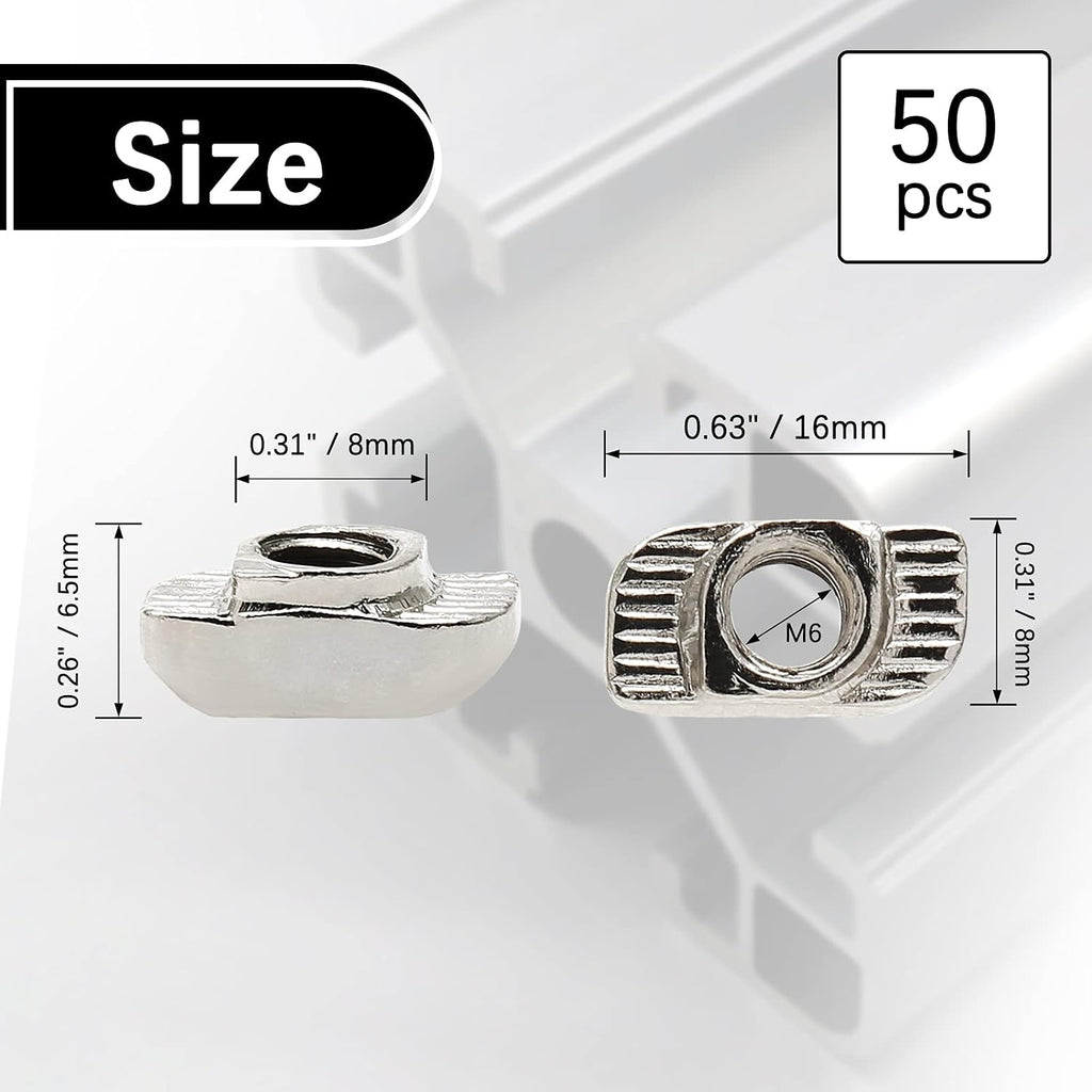 Sliding T Nuts, M6 Thread, 8mm T-Slot, 50 Pcs