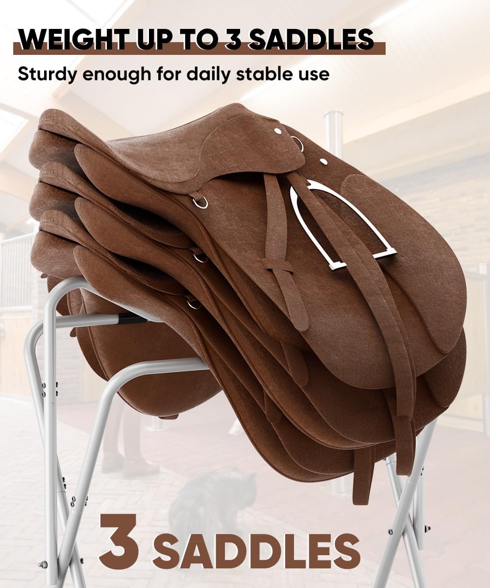 Foldable Saddle Rack with Bottom Storage for Horse Stable, White