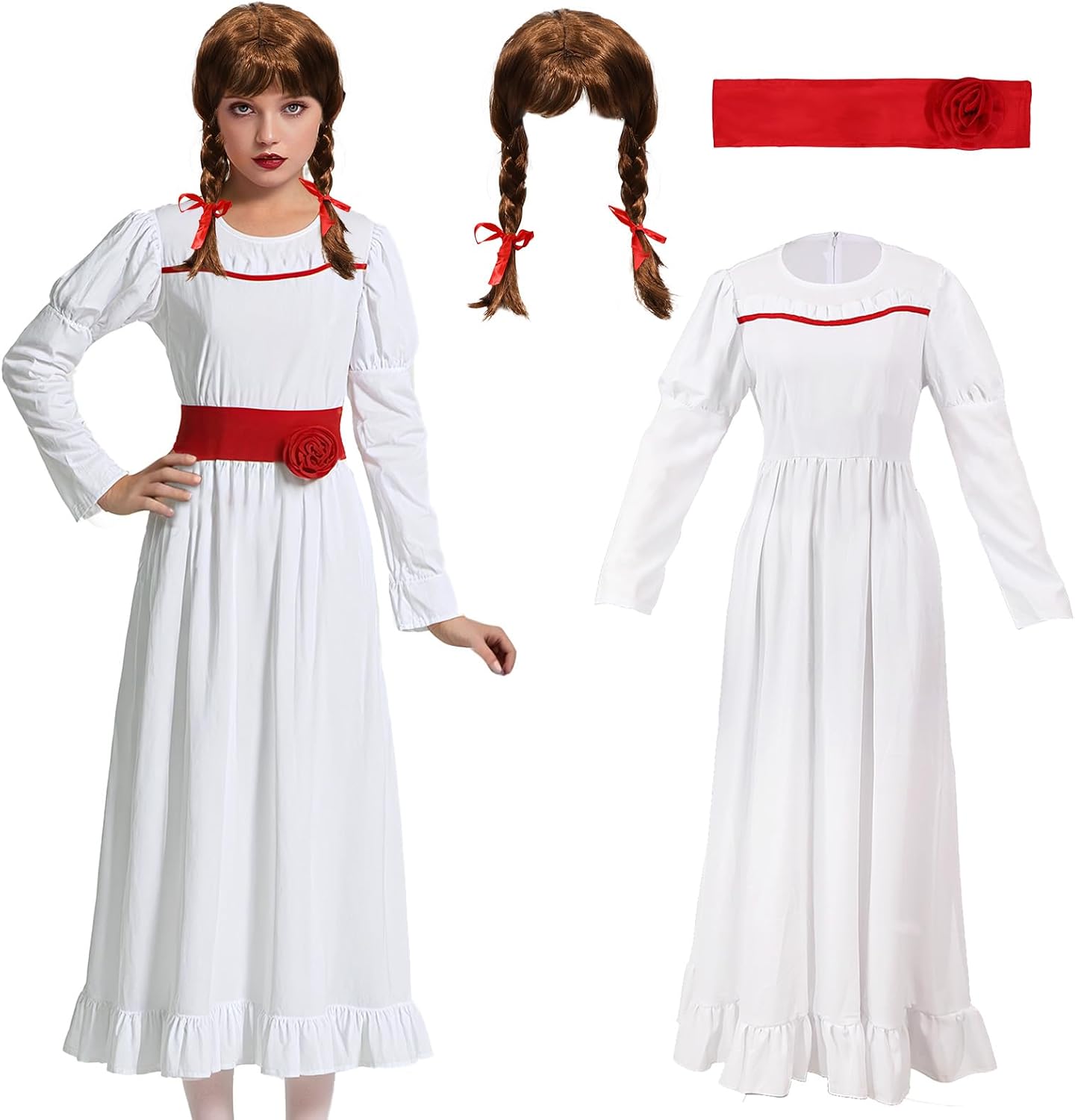 Halloween Annabelle Costume Adult Long White Dress Horror Scary Ghost Role Play Costume Annabelle Wig Cosplay Suits