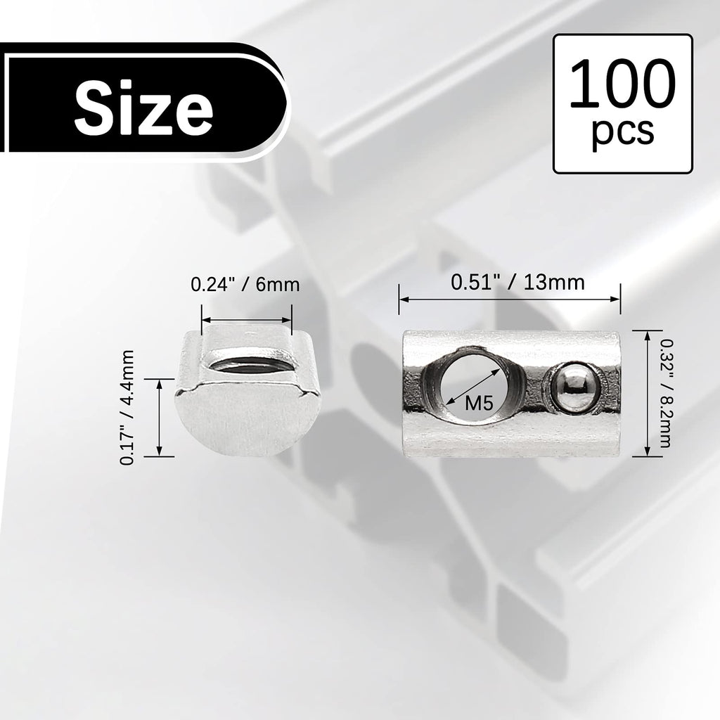 Rierdge M5 Half Round Roll in Spring T Nuts, 100 Pcs