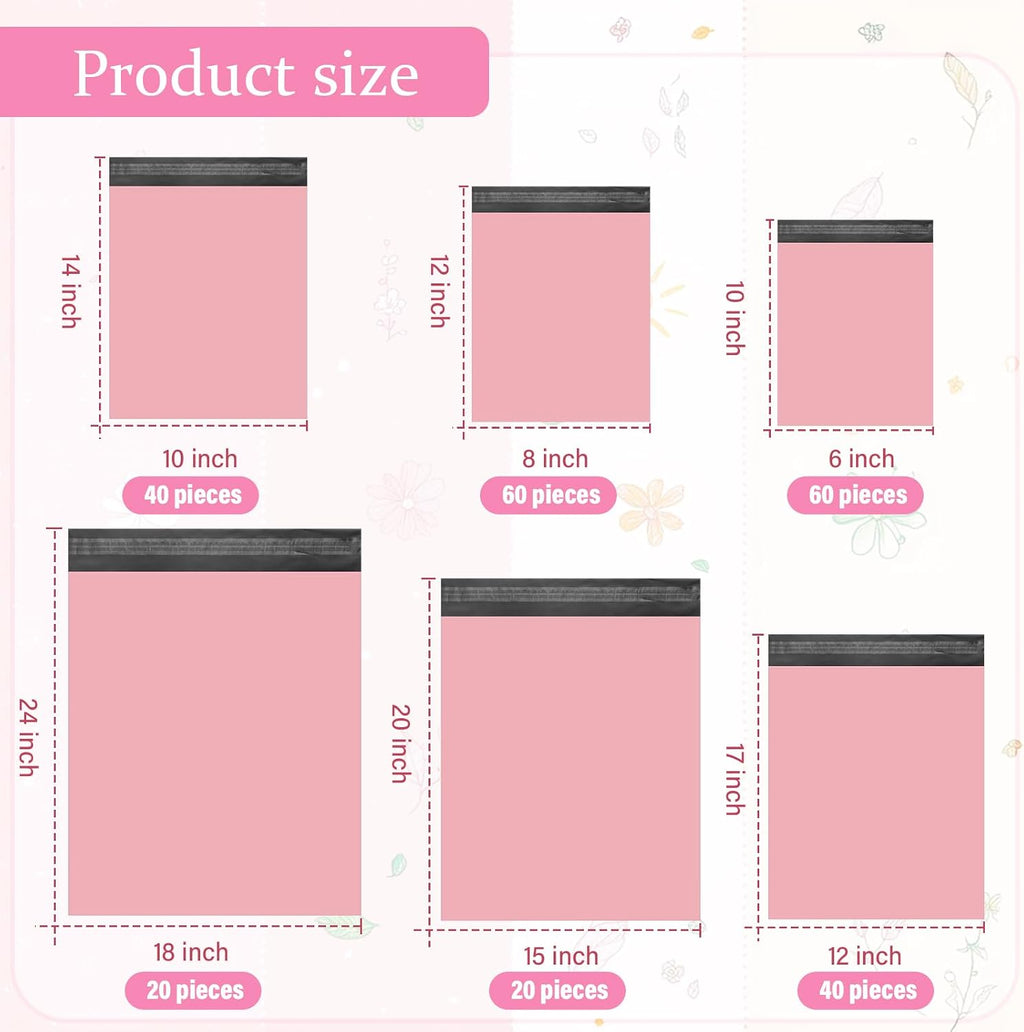 240 Pcs Poly Mailers Variety Size Pack Shipping Bags, Pink