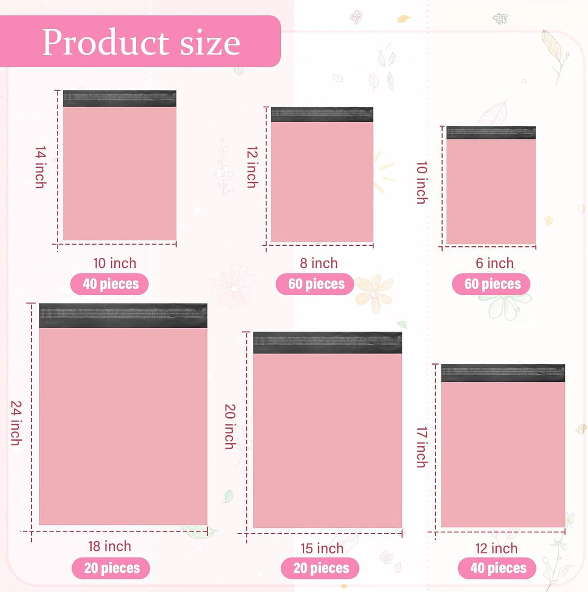 240 Pcs Poly Mailers Variety Size Pack Shipping Bags, Pink