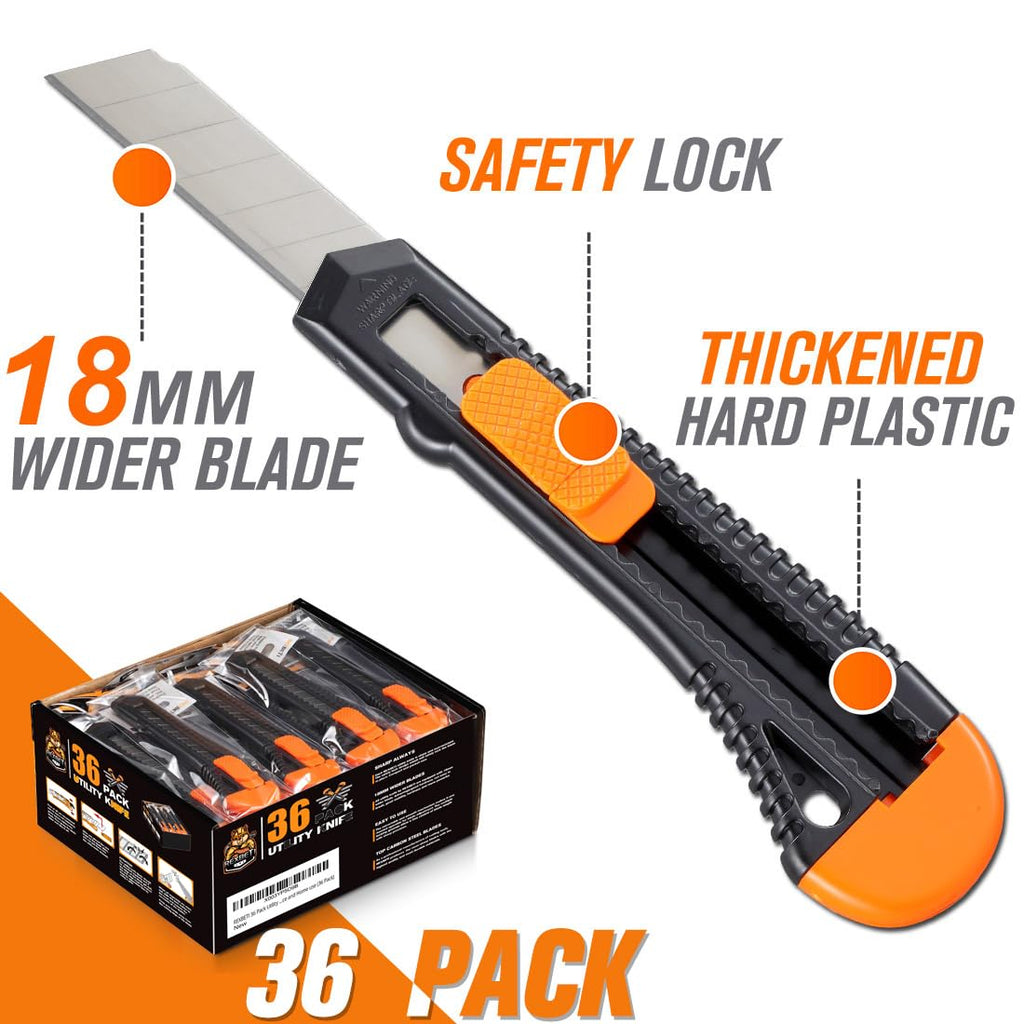 36-Pack Box Cutters, Retractable Utility Knife, 18mm Wide Blade