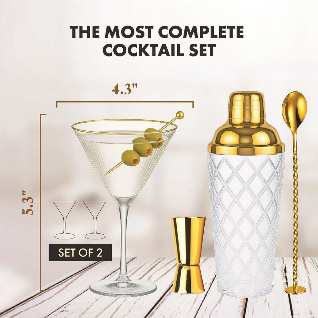 Gold Cocktail Shaker Set + 2 Ribbed Martini Glasses & Bar Tools