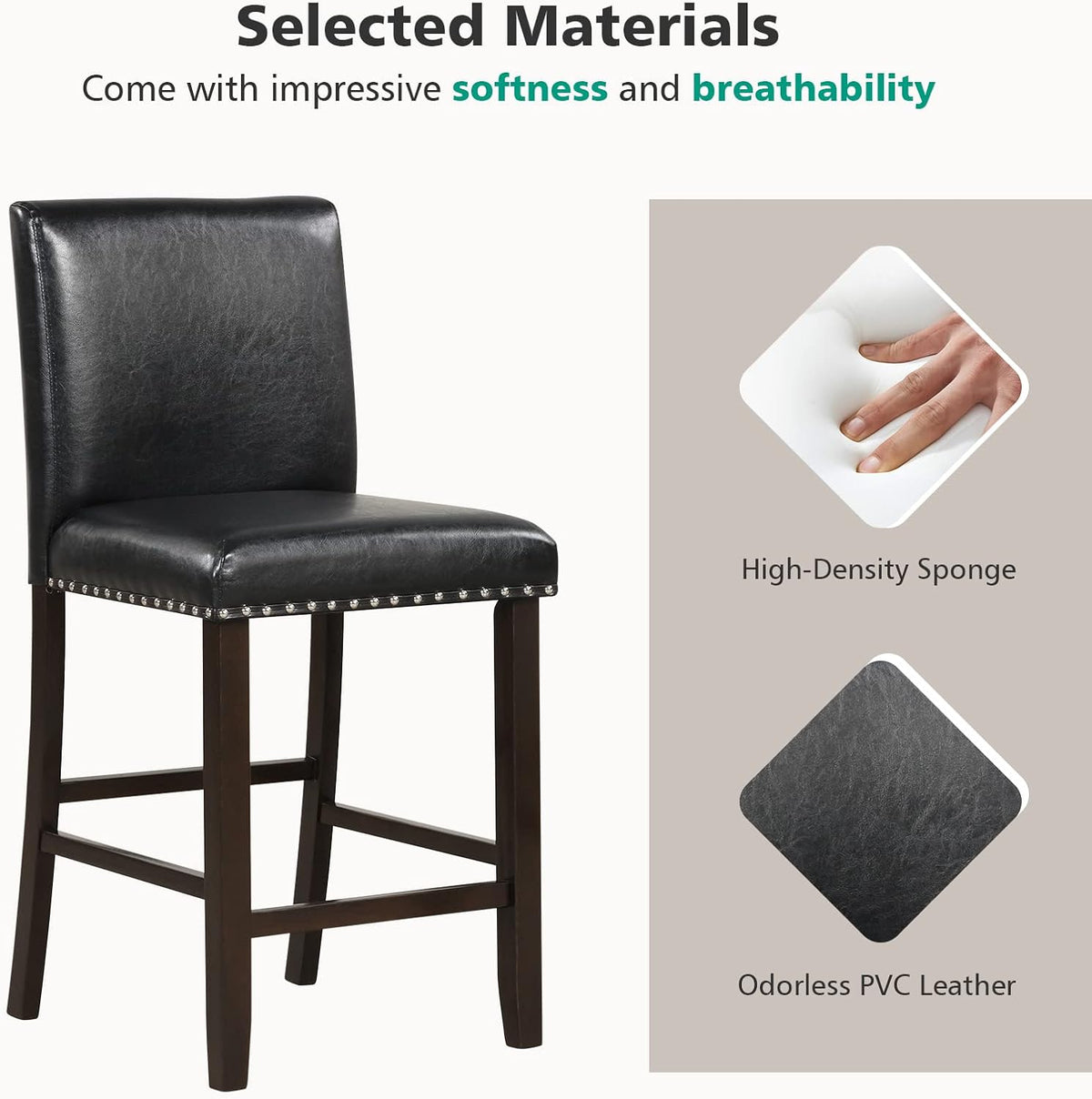 Counter Height Bar Stools Set of 4 with PVC Leather Back and Seat