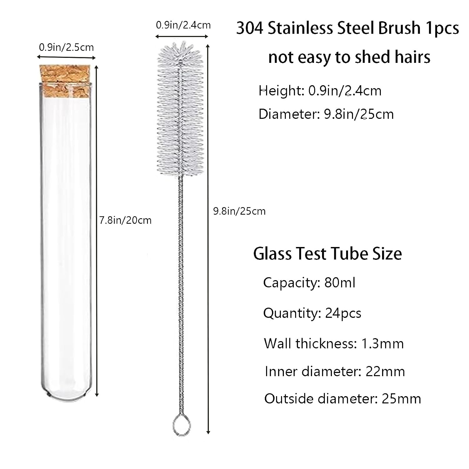 Glass Test Tube Set 24pcs 80ml Glass Test Tubes 25 x 200mm with Cork Stoppers and 1pcs 24 Holes Plastic Tubes Rack
