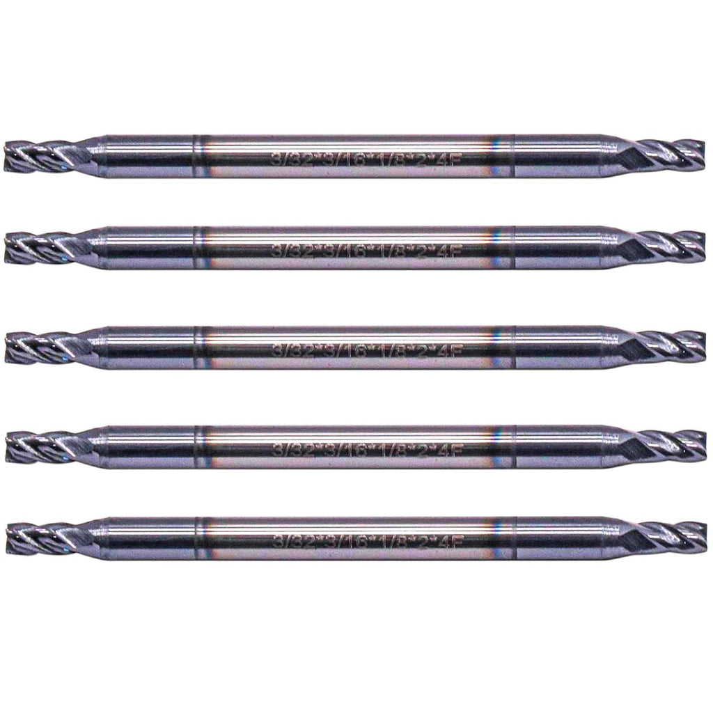 5Pcs 3/32" 4 Flute Solid Carbide Square End Mill, Double End, AlTiN Coated