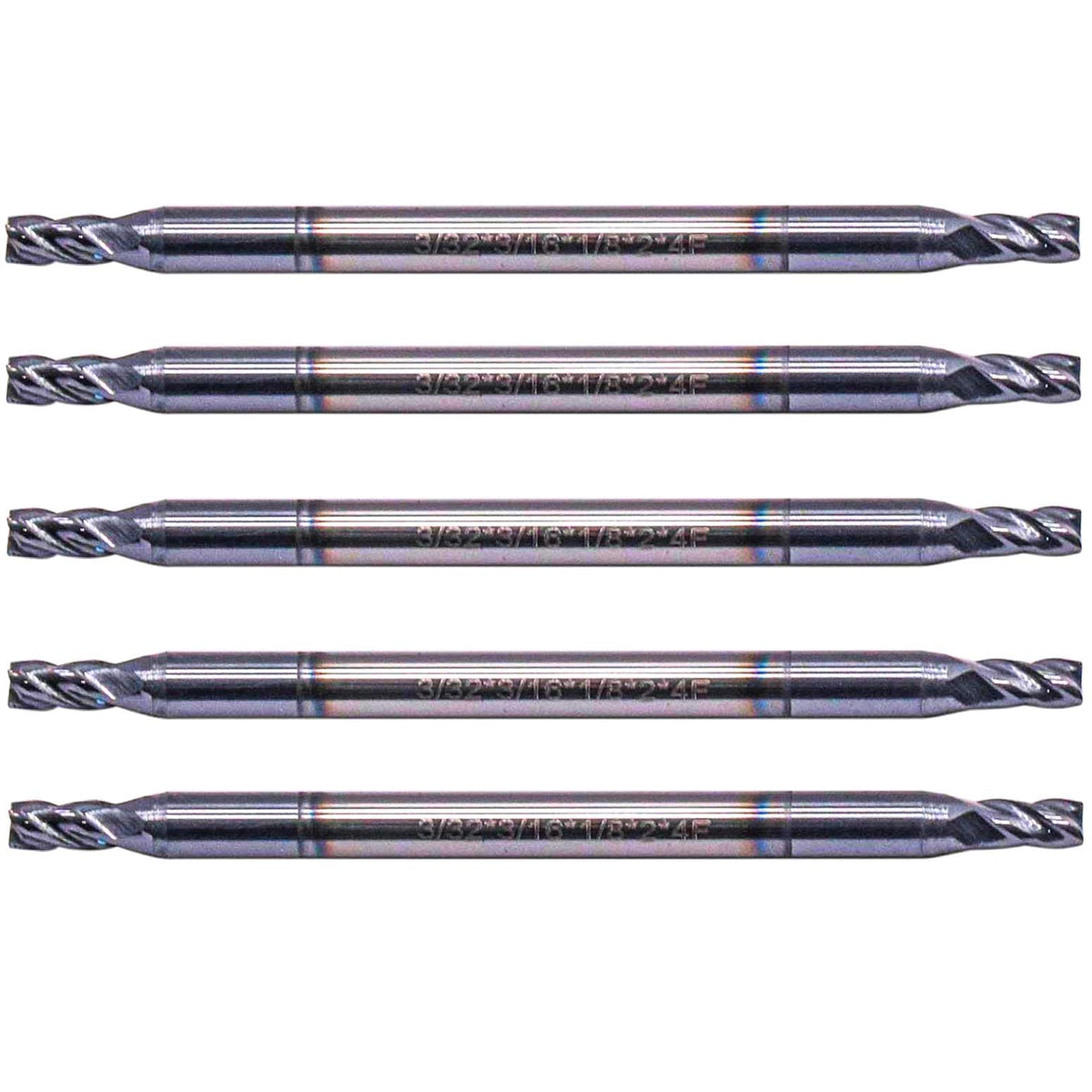5Pcs 3/32" 4 Flute Solid Carbide Square End Mill, Double End, AlTiN Coated