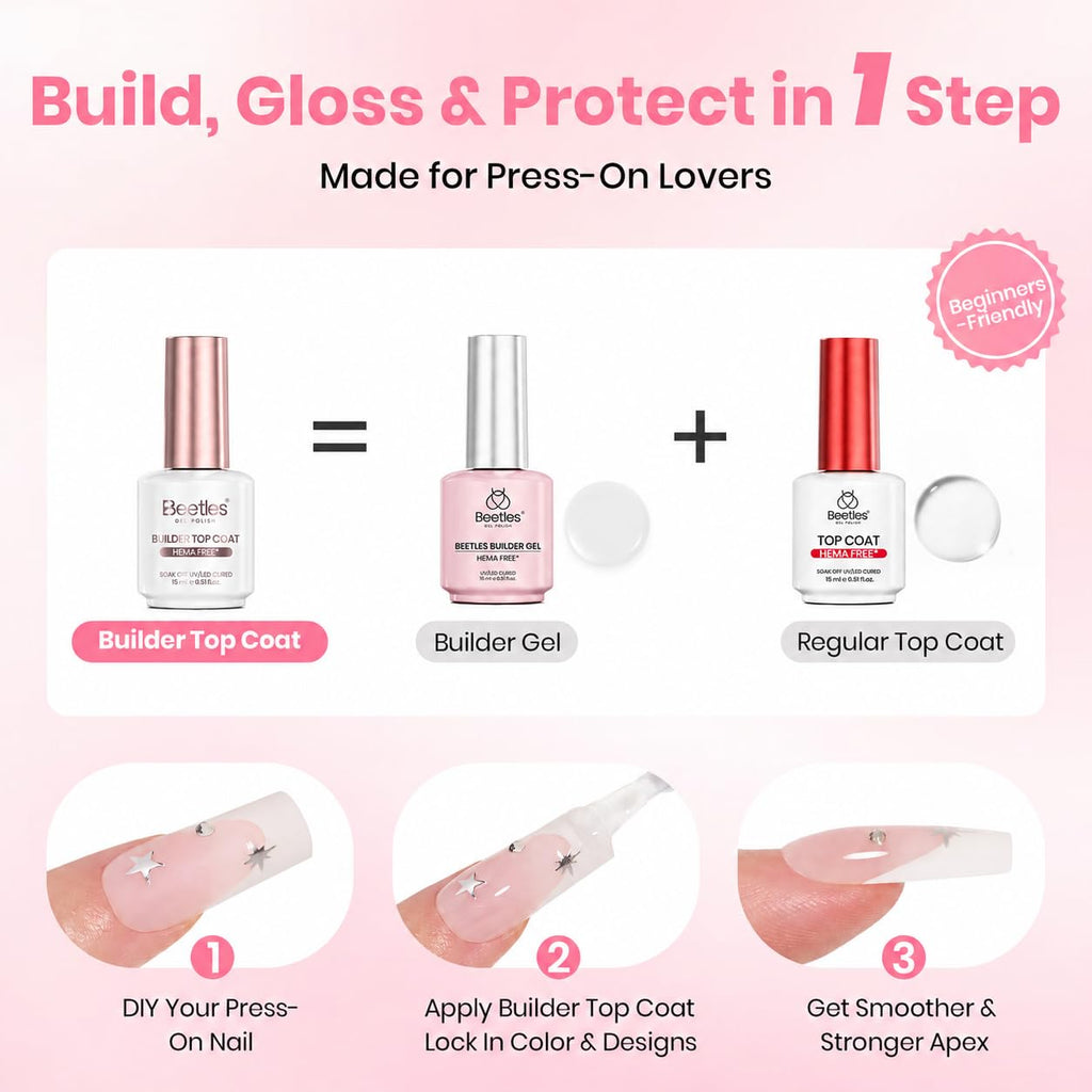 Beetles Builder Top Coat Gel Polish HEMA & TPO Free 1Pcs 15ml | UV LED Clear Soft Gel Top Coat for Press on Nails
