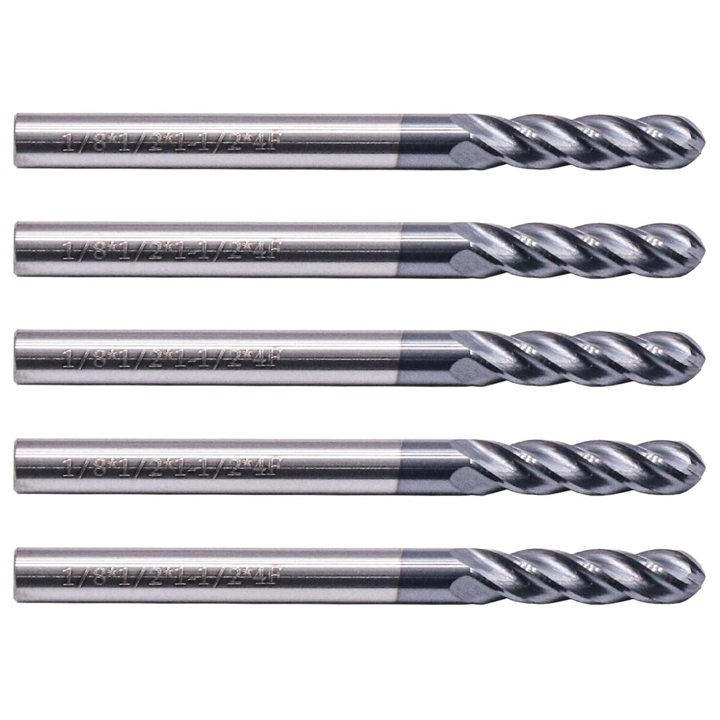 BestParts 5pcs 1/8" 4 Flute Solid Carbide Ball Nose End Mills, AlTiN Coated
