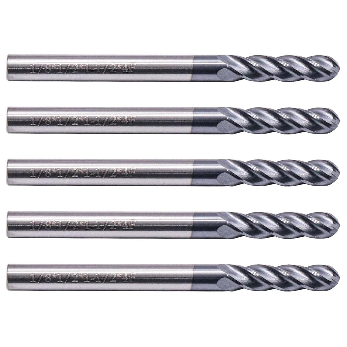 BestParts 5pcs 1/8" 4 Flute Solid Carbide Ball Nose End Mills, AlTiN Coated