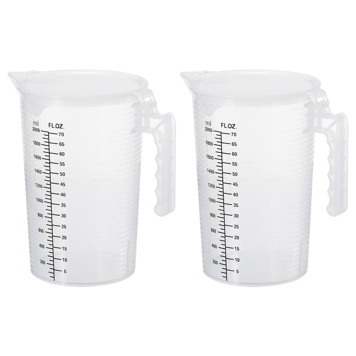 Graduated Beaker, 2 Pack 2000ml PP Plastic Liquid Measuring Cup Double Sided Black Graduations with Handle Lid and