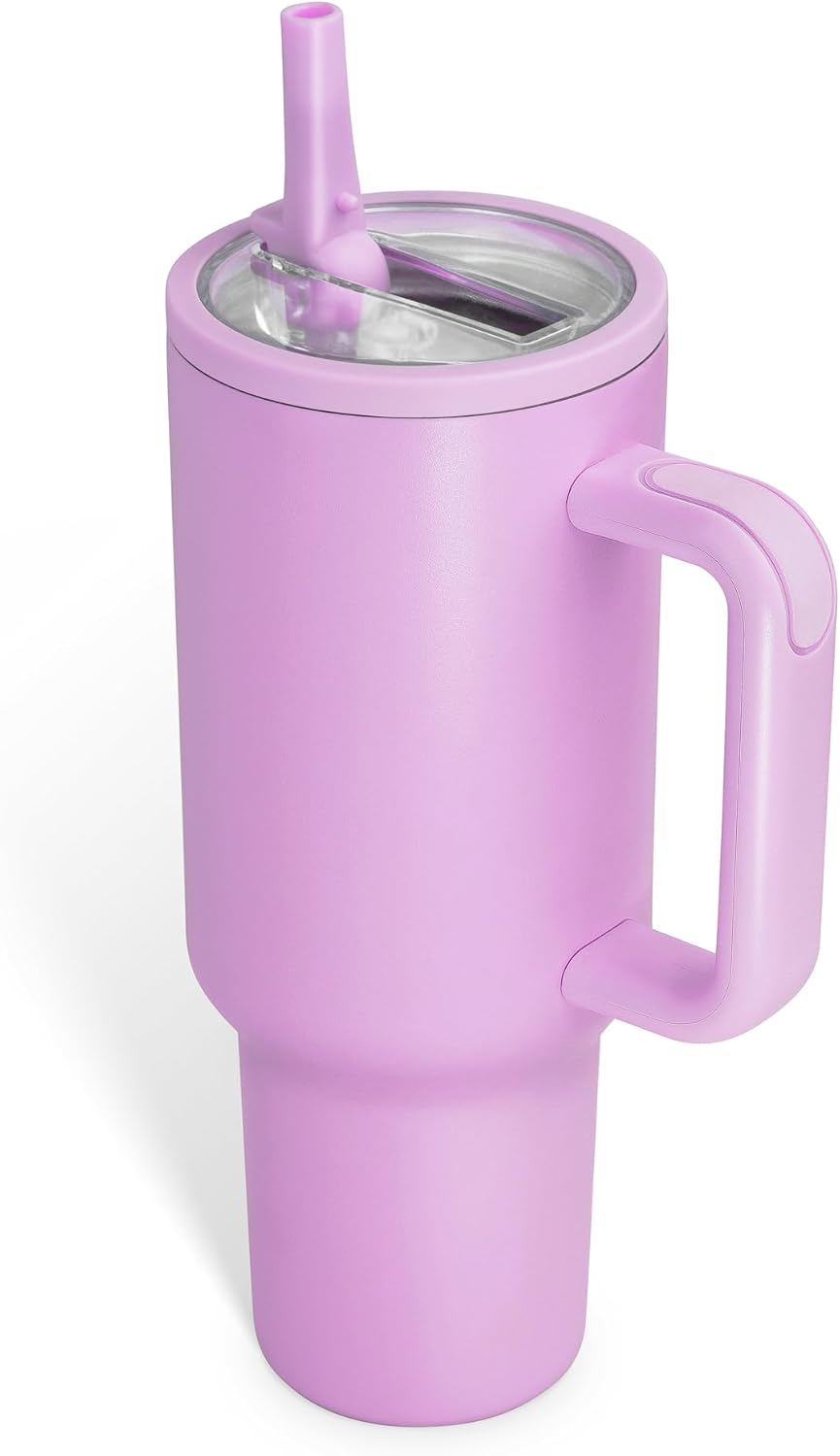 40oz Insulated Tumbler with Handle & Straw, Lavender | Double-wall vacuum insulation and leakproof straw lid for