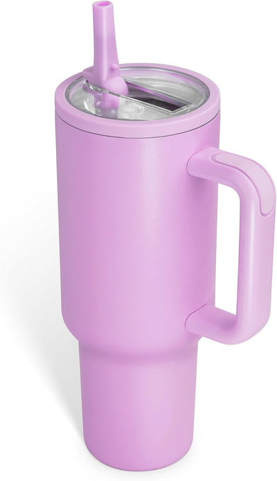 40oz Insulated Tumbler with Handle & Straw, Lavender | Double-wall vacuum insulation and leakproof straw lid for