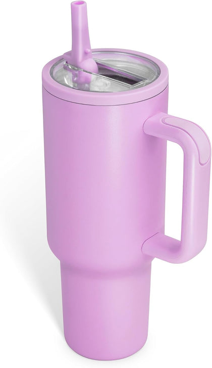 40oz Insulated Tumbler with Handle & Straw, Lavender | Double-wall vacuum insulation and leakproof straw lid for