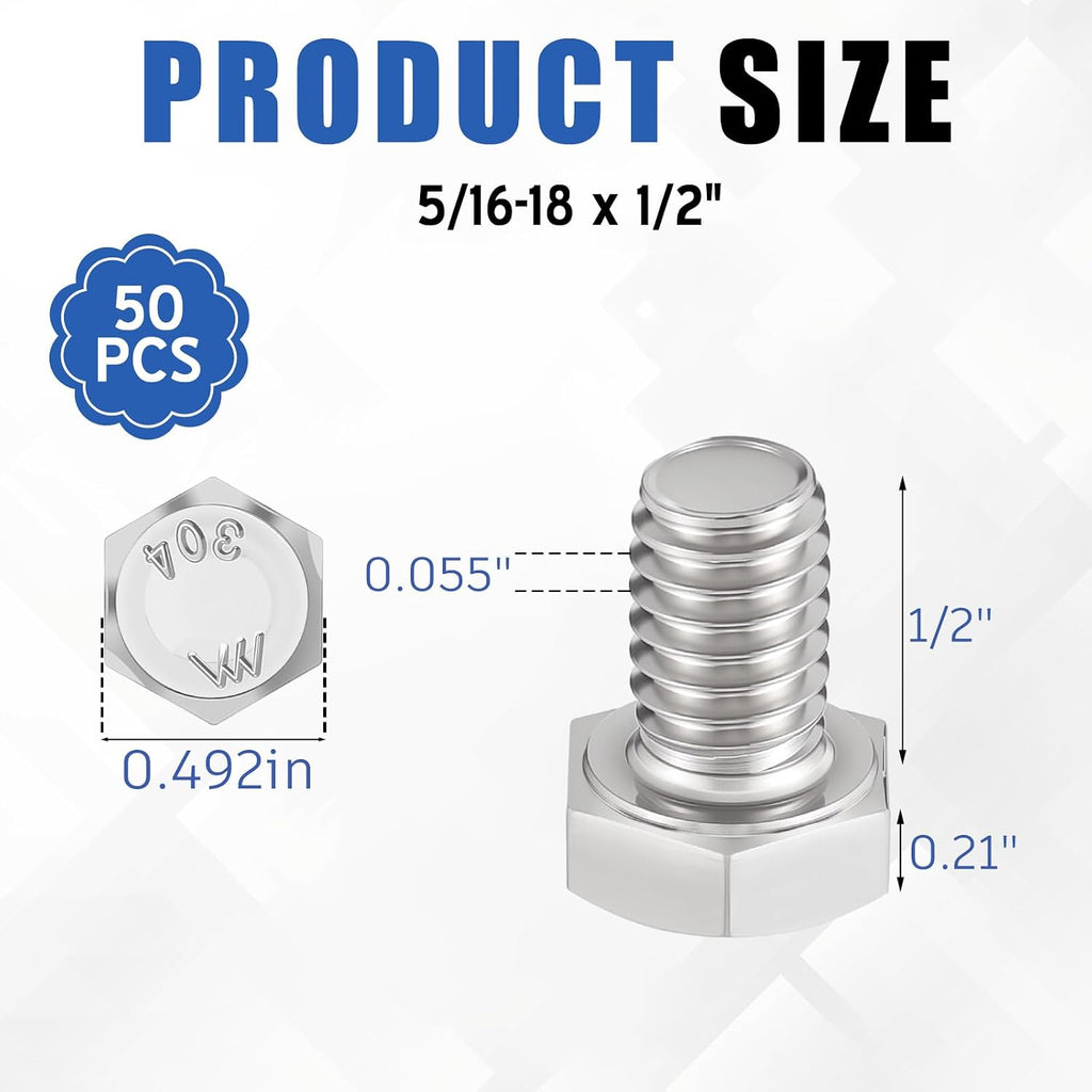 Zonon 50 Pcs 5/16-18 x 1/2" Hex Head Screw Bolt, Silver