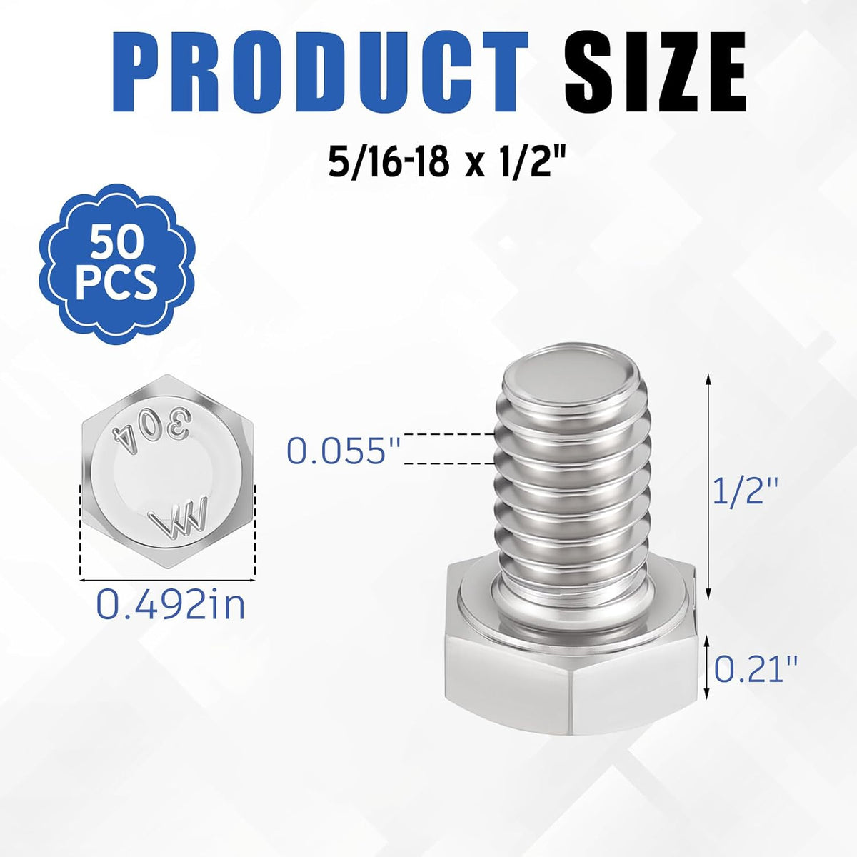 Zonon 50 Pcs 5/16-18 x 1/2" Hex Head Screw Bolt, Silver
