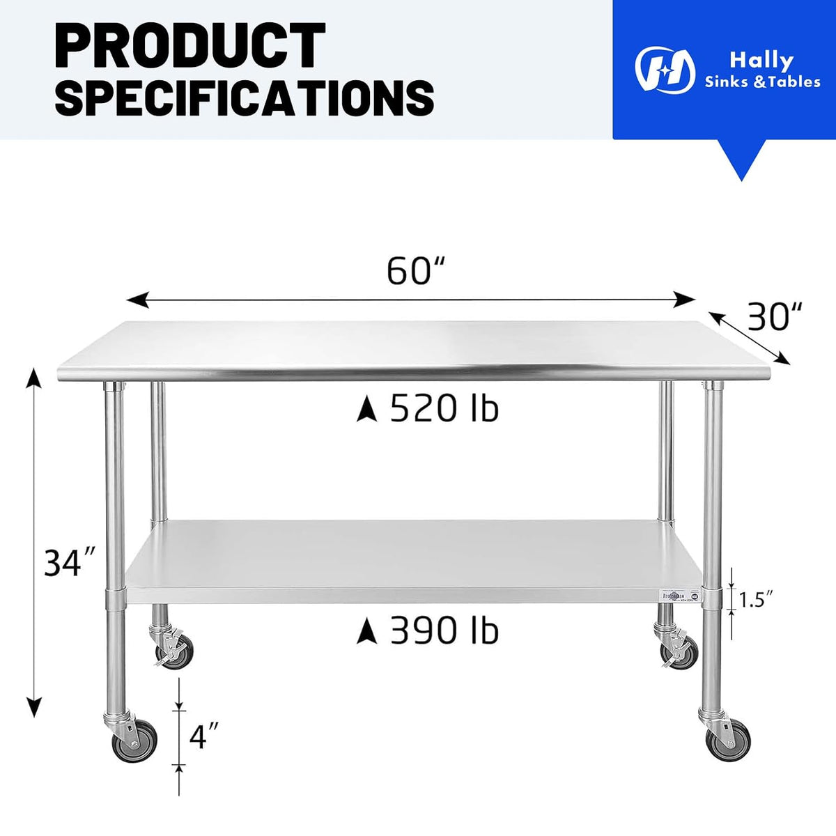 Hally Stainless Steel Table for Prep&Work 30" x 60" with Wheels Commercial