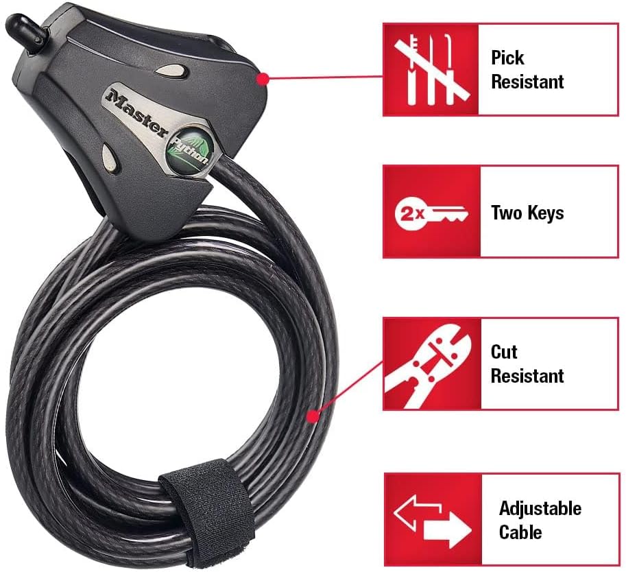Black Python Bike Lock with Key, Adjustable Metal Cable Lock has a Weather Resistant Vinyl Coating for Outdoor