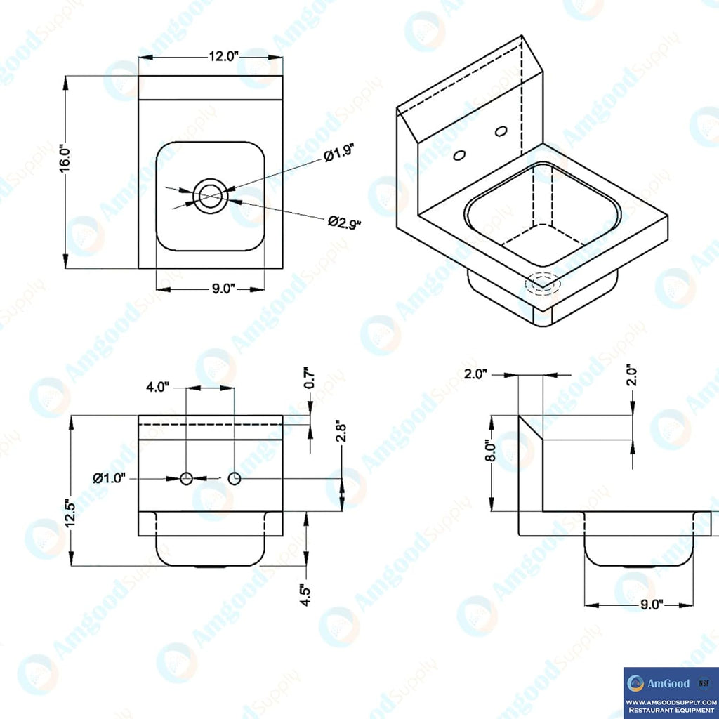 Stainless Steel Wall Mount Hand Sink | NSF | Commercial Hand Washing Basin For Restaurant, Kitchen and Home (12" x 16")