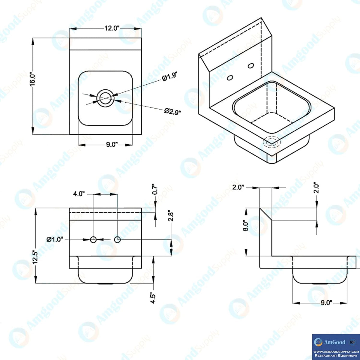 Stainless Steel Wall Mount Hand Sink | NSF | Commercial Hand Washing Basin For Restaurant, Kitchen and Home (12" x 16")