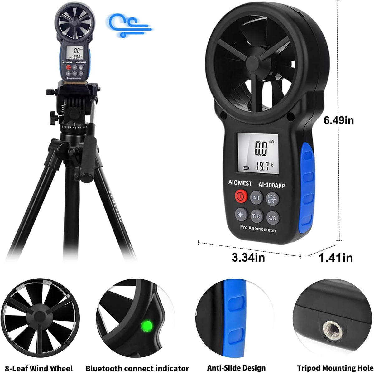 Anemometer Bluetooth 65MPH, AIOMEST HVAC Air Flow Wind Meter CFM AI-100APP