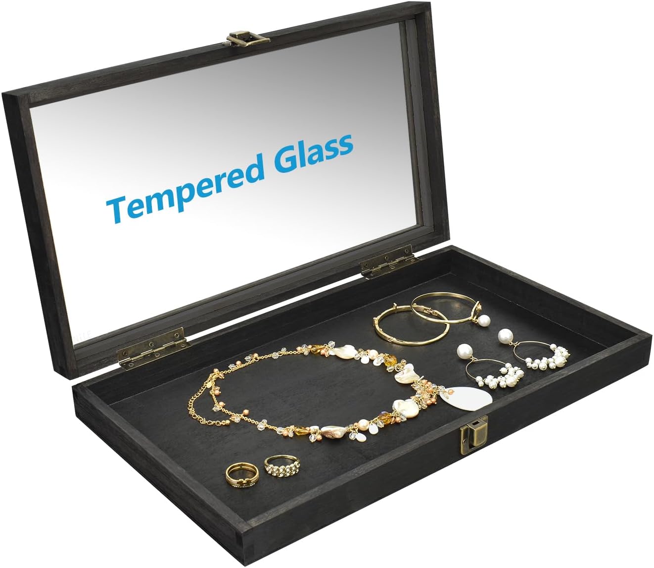 Wooden Jewelry Display Case with Tempered Glass Top, Dark Brown | Wood jewelry case with a tempered-glass lid and